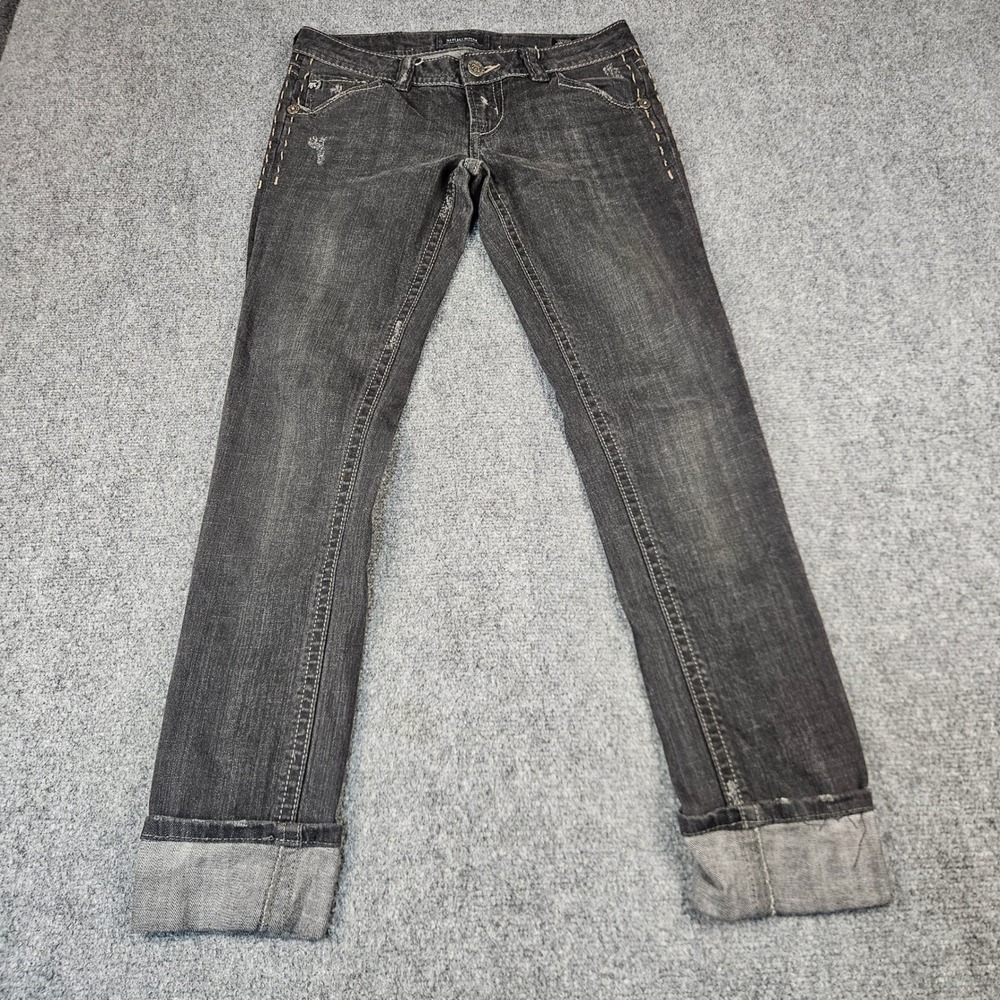 MEK Denim Oaxaca Cigarette Jeans Womens  Black Distressed Embroidered Flap
